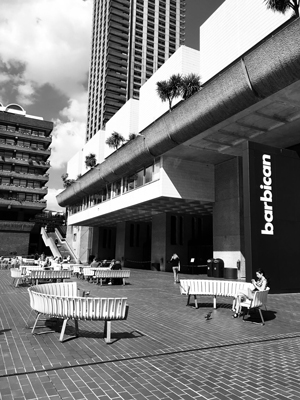Barbican Centre, London. People sitting outside